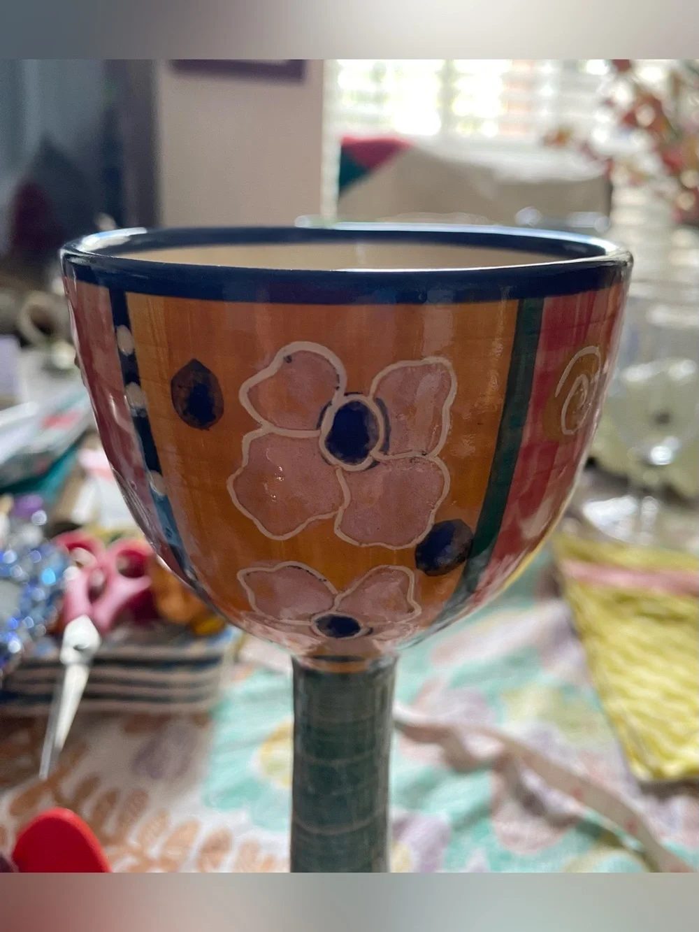 1980 Broussard Pottery Whimsical Tall Hand made/Painted Goblets. EC. LOOK NEW.